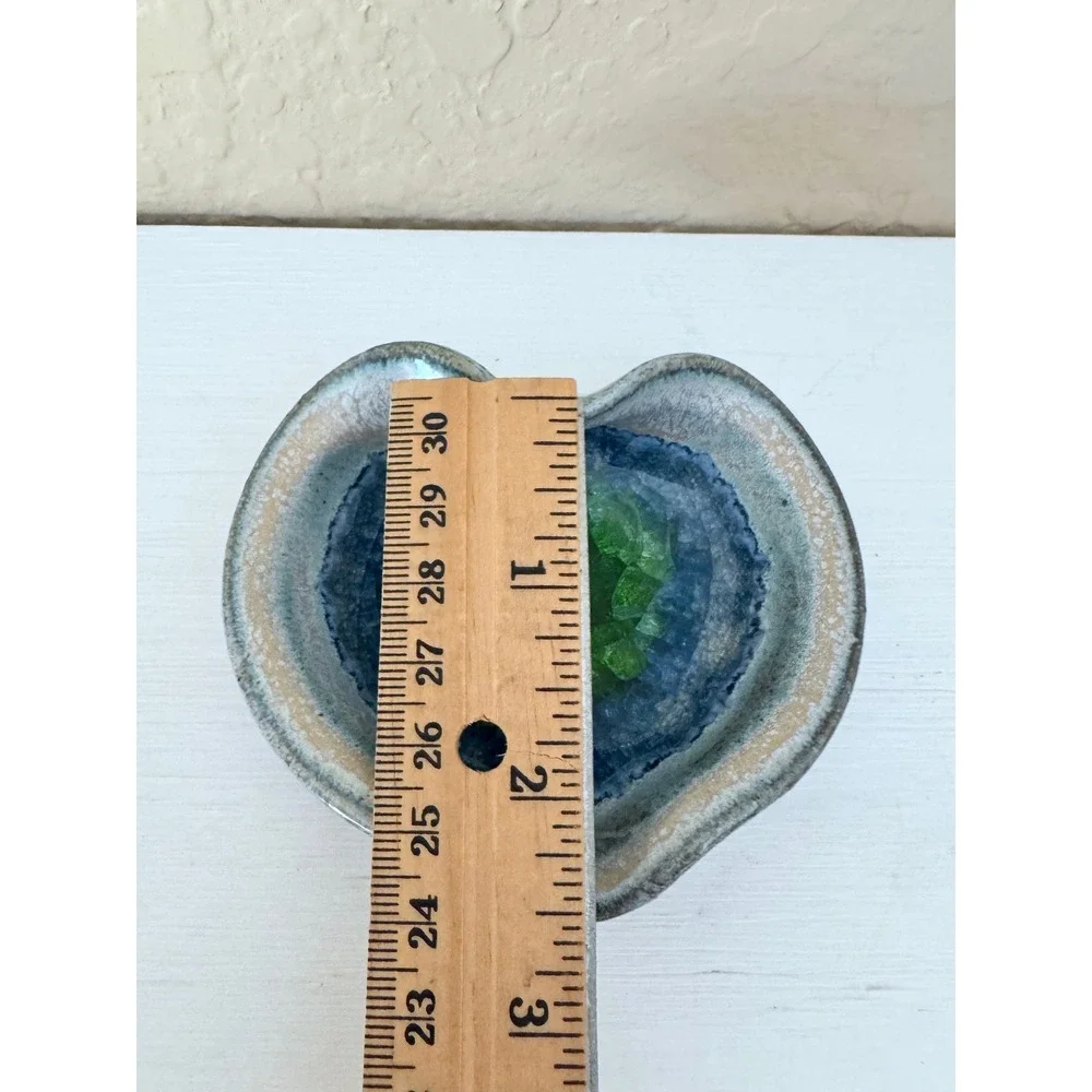 Handmade Studio Pottery Heart Dish Green Crystal Glaze Geode Ring Dish Trinket 3